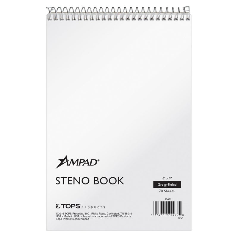 Ampad Steno Notebook, 6 X 9 Inches, White Paper, Gregg Ruled, White Cover, 70 Sheets Per Book, 12-Pack (25-472) - Image 1
